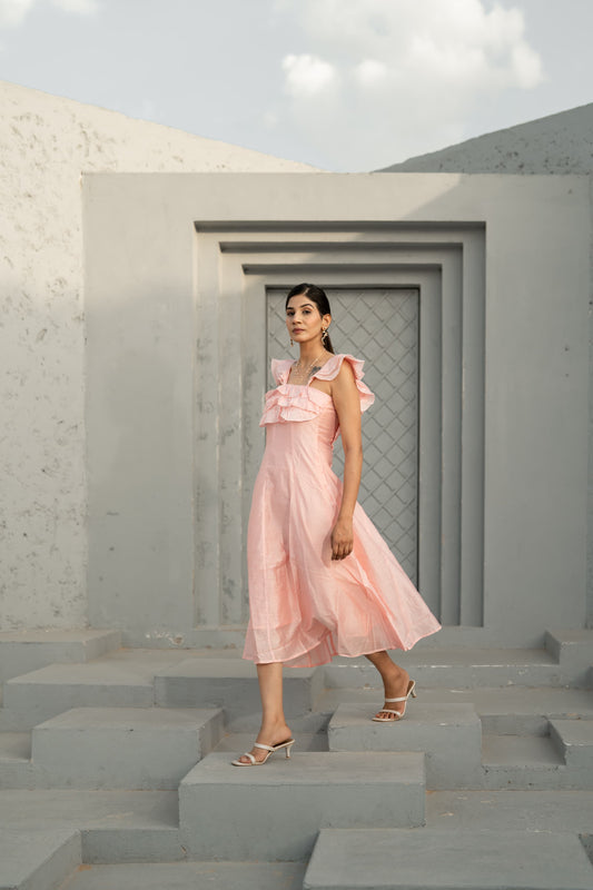 Blush Whisper — Cotton Chanderi Ruffle Midi Dress