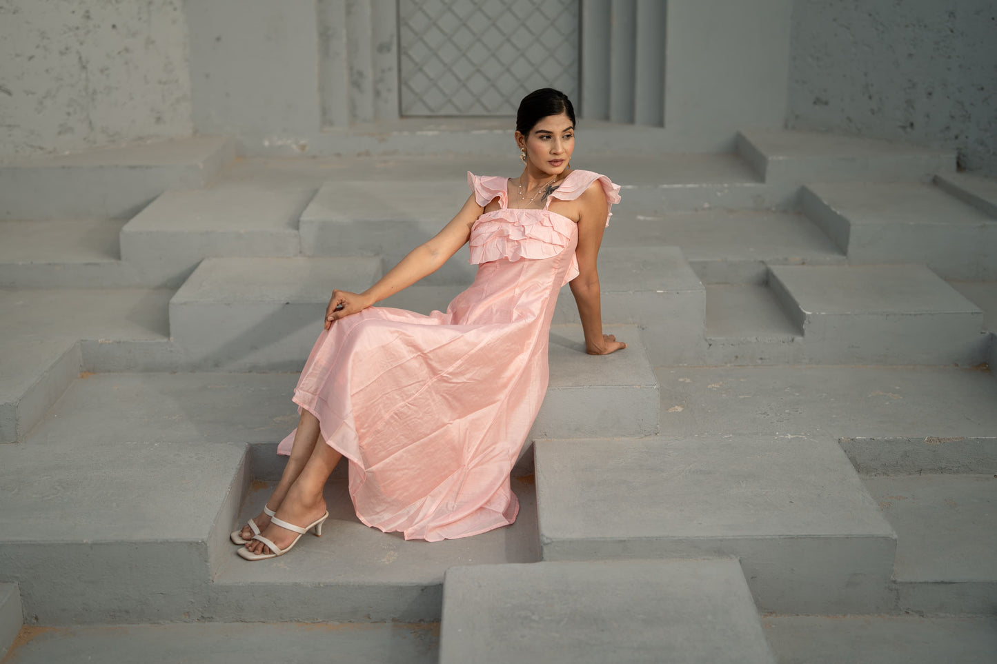 Blush Whisper — Cotton Chanderi Ruffle Midi Dress