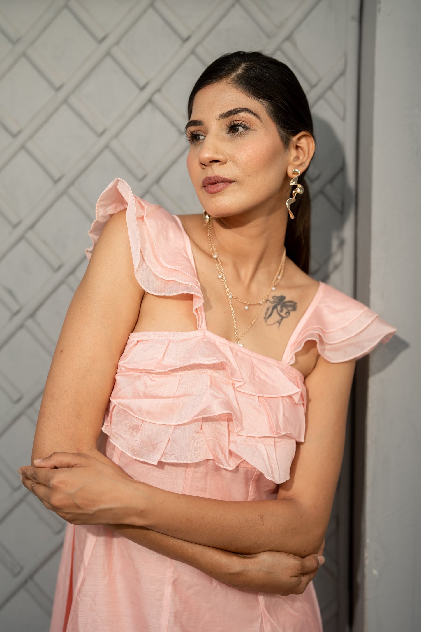 Blush Whisper — Cotton Chanderi Ruffle Midi Dress