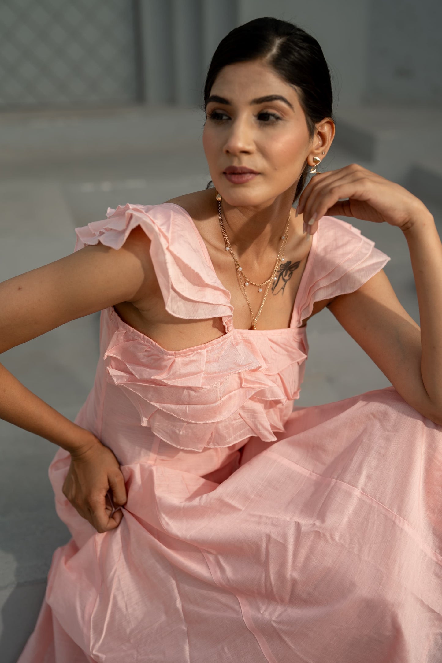 Blush Whisper — Cotton Chanderi Ruffle Midi Dress