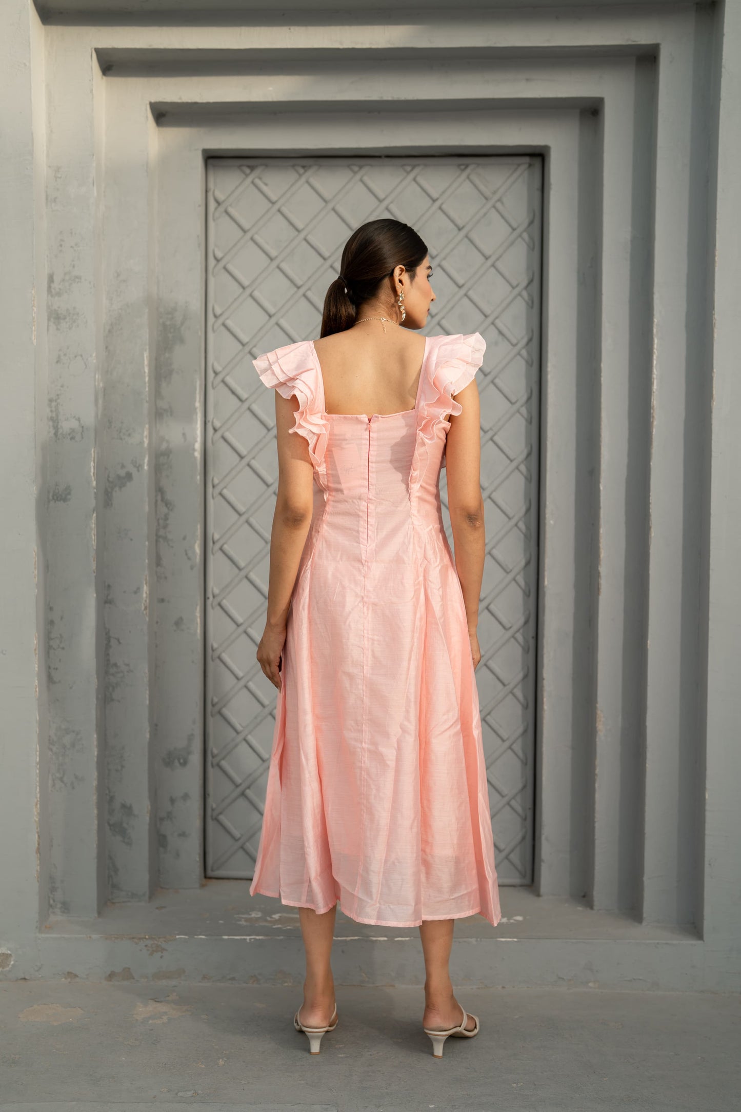 Blush Whisper — Cotton Chanderi Ruffle Midi Dress