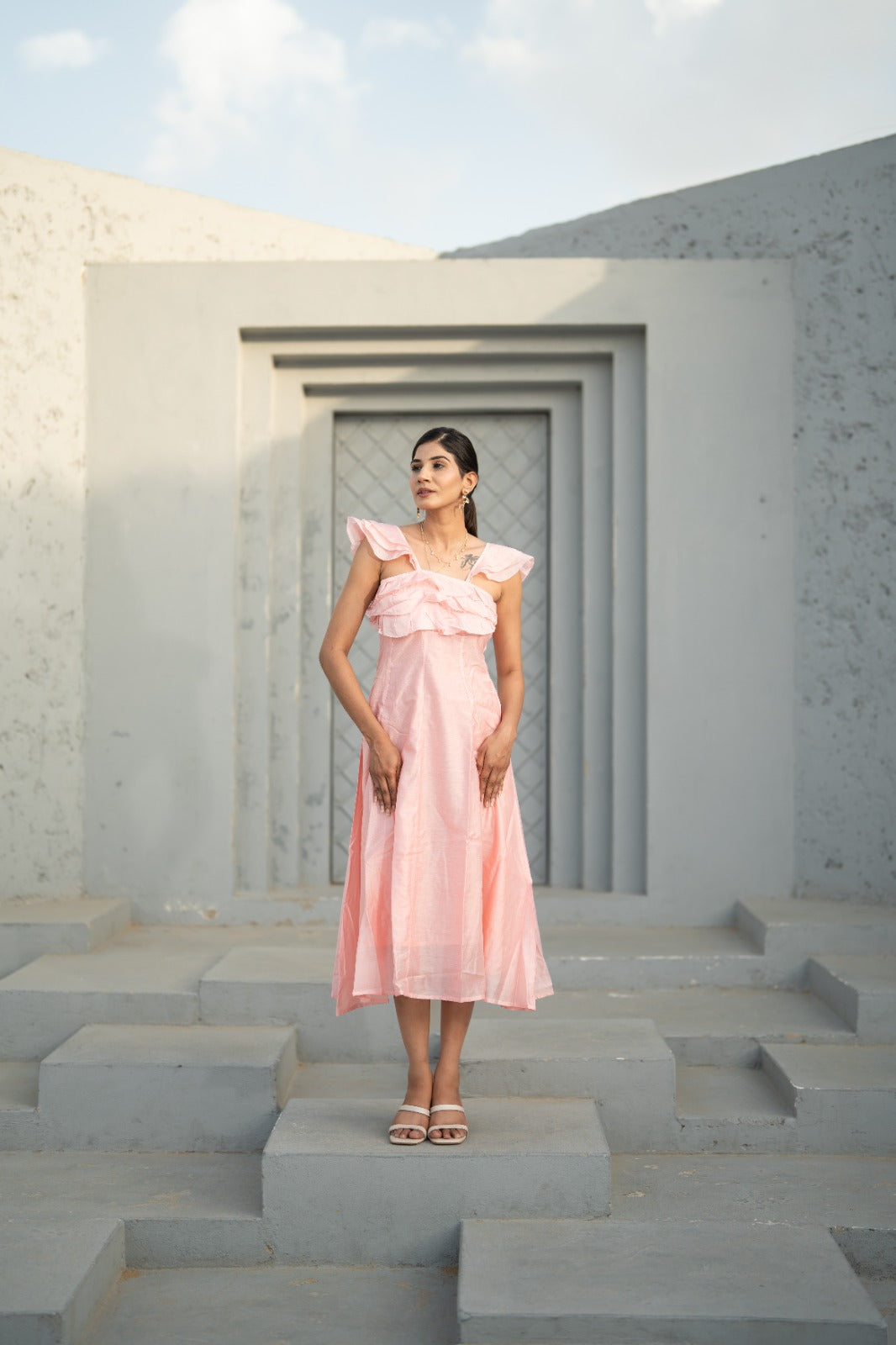 Blush Whisper — Cotton Chanderi Ruffle Midi Dress